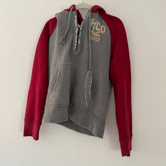 Hollister Small Hoodie Red & Grey Sweater Quarter Zip-Up - Picture 1 of 8